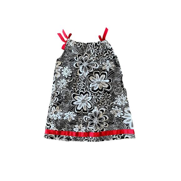 Hanna Anderson Girls Black and White Floral Dress with Red Ribbon Ties - Picture 1 of 5